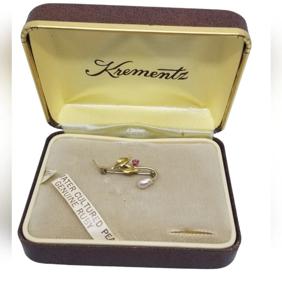 KREMENTZ VINTAGE 14K GOLD OVERLAY PIN WITH GENUINE RUBY & FRESHWATER PEARL & BOX - Picture 1 of 6